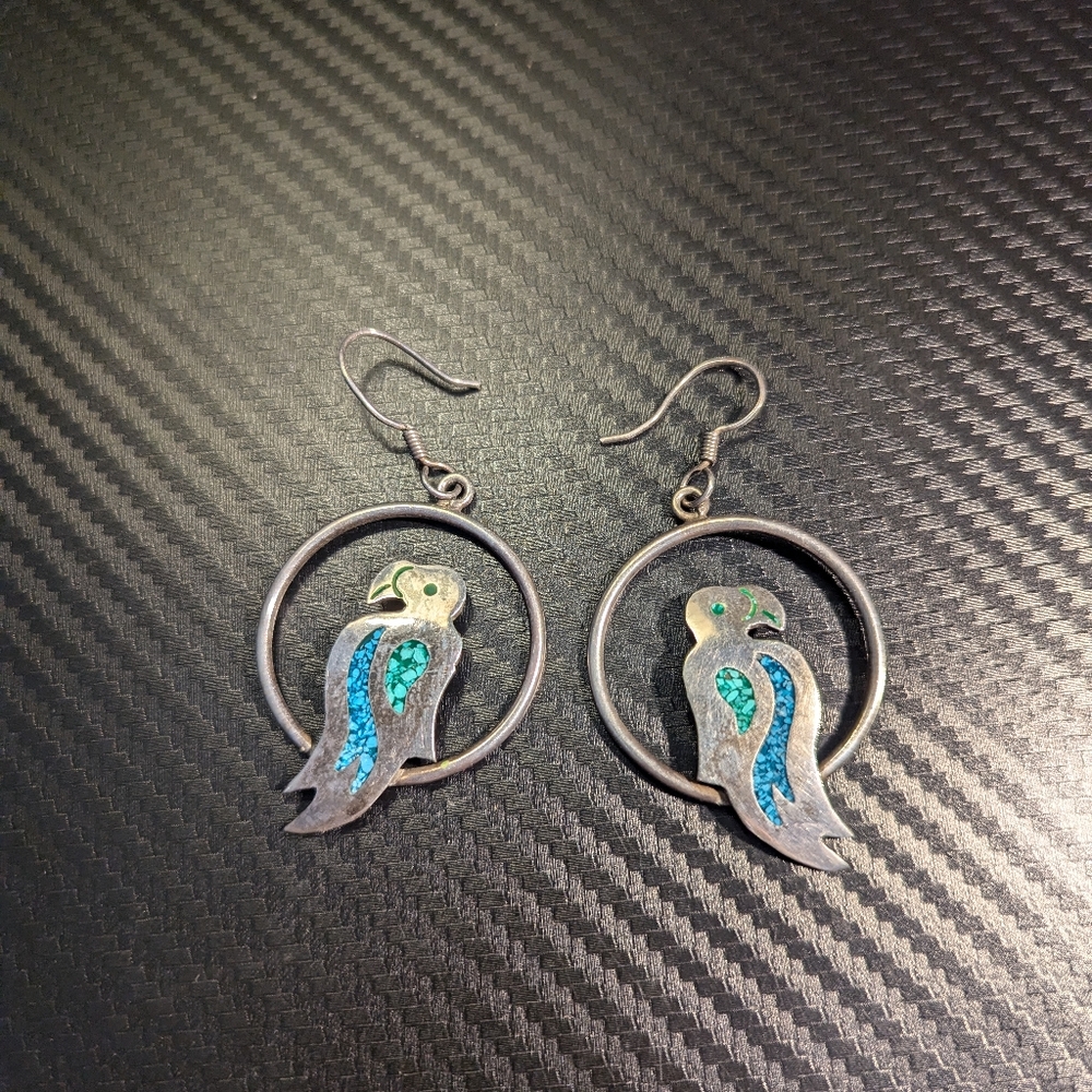 Turquoise Parrot Silver Earrings